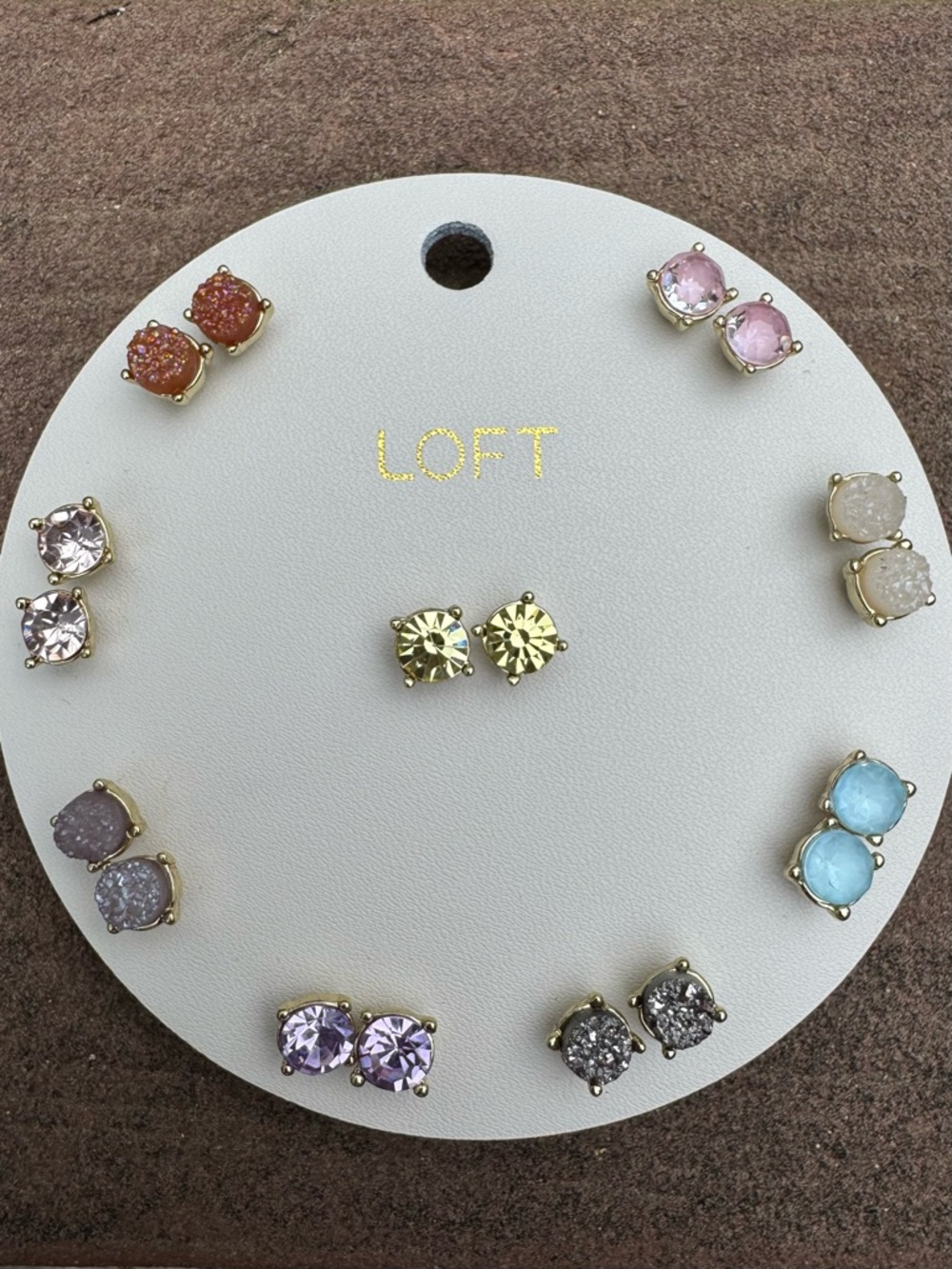 LOFT NWT 9 Pair Gold Tone Pastel Druzy Crystal Stud Earring Set - Picture 11 of 11
